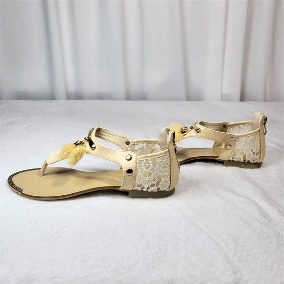 SilverDew Beige Summer Sandals Faux Fur Pom Poms - Picture 6 of 8